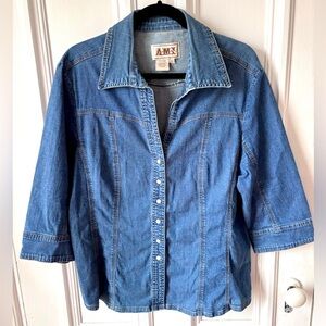 Women’s AMX Denim 3/4 Sleeve Vneck Pearl Snap Front Shirt Size 1X